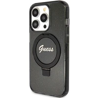 Guess dėklas telefonui su stovu Ring Stand Script Glitter magnetinis iPhone 15 Pro - juodas