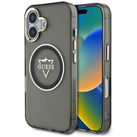Guess IML Metal Mountain Logo Magnetinis dėklas iPhone 16 - juodas