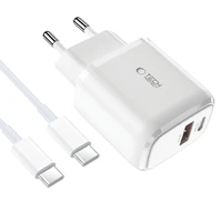 Tech-Protect C20W USB-C PD 20W / USB-A QC 3.0 įkroviklis su USB-C / USB-C kabeliu - baltas
