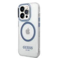 Guess GUHMP14XHTRMB iPhone 14 Pro Max 6.7" mėlynas kietas dėklas su metaliniu kontūru, magnetinis (MagSafe)