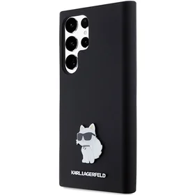 Karl Lagerfeld silikoninis Choupette metalinis smeigtukas dėklas telefonui Samsung Galaxy S23 Ultra - juodas