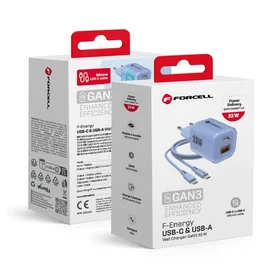 FORCELL F-ENERGY Crystal Color GaN III VT-41 kelioninis įkroviklis su silikoniniu kabeliu su 1 x Type C + 1x USB A lizdais, PD QC4.0 33W mėlynas