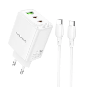 Borofone sieninis įkroviklis BN32 Cargador GaN - USB + 2xType C - QC 3.0 PD 65W su Type C į Type C baltas