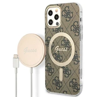 Rinkinys Guess GUBPP12MH4EACSW dėklas + įkroviklis iPhone 12/12 Pro rudas kietas dėklas su 4G raštu Magnetinis