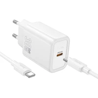 Įkroviklis telefonui Hoco USB C QC PD 30W + kabelis USB C į USB C N62 baltas