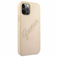 Guess GUHCP12LRSAVSLG iPhone 12 Pro Max 6.7 kietasis dėklas Saffiano Vintage Script auksinis