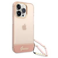 Guess GUHCP14XHGCOHP iPhone 14 Pro Max 6.7" rožinis/rožinis kietas dėklas Translucent Pearl Strap