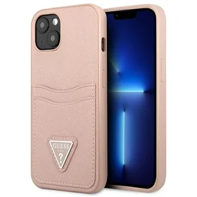 Guess GUHCP13SPSATPP iPhone 13 mini 5,4 "rožinis / rožinis kietas dėklas SaffianoTriangle Logo Kortelių skyrius