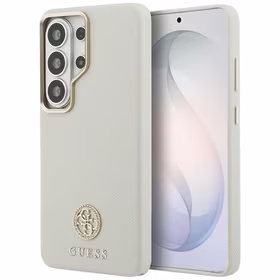 Guess dėklas Rhinestone Round Logo MagSafe skirtas Samsung Galaxy S26 Ultra smėlio spalvos