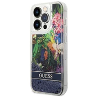 Guess GUHCP14LLFLSB iPhone 14 Pro 6.1 mėlynas / mėlynas kietasis dėklas Flower Liquid Glitter