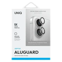 Uniq Optix Aliuminio Kameros Lęšio Apsauga iPhone 16 6.1" / 16 Plus 6.7" baltas blizgesys kameros lęšio stiklas su aplikatoriumi