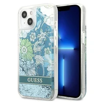 Guess GUHCP13MLFLSN iPhone 13 6.1" žalias/žalias kietasis dėklas su gėlių skysčio blizgučiais