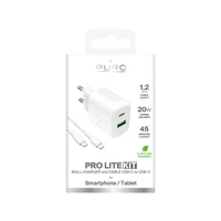 Puro PROLITE 20W sieninis įkroviklis USB-A / USB-C + USB-C - USB-C kabelis 1.2m - baltas