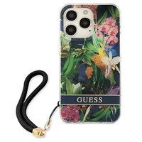 Guess GUHCP13XHFLSB iPhone 13 Pro Max 6.7" mėlynas kietasis dėklas su gėlių dirželiu