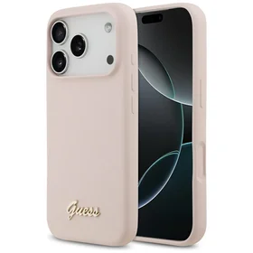 Guess Silikoninis Raštas Metalinis Logo Magnetinė dėklas telefonui iPhone 17 Pro - Rožinė