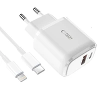 Tech-Protect C20W USB-C PD 20W / USB-A QC 3.0 įkroviklis su USB-C / Lightning kabeliu - baltas