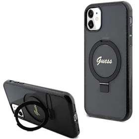 Guess Ring Stand Script Glitter Magnetinis dėklas telefonui iPhone 11 / Xr - juodas