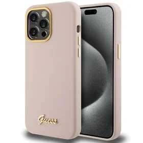 Guess Silicone Script Metal Logo & Frame dėklas telefonui iPhone 15 Pro - rožinis