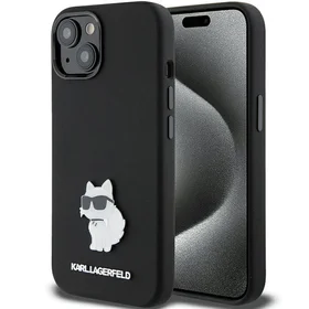 Karl Lagerfeld silikoninis Choupette Metal Pin dėklas telefonui iPhone 15 Plus / 14 Plus - juodas