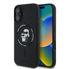 Karl Lagerfeld Silicone Karl&Choupette Heads Ring Magnetinis dėklas iPhone 16 Plus - juodas