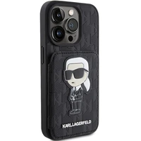 Karl Lagerfeld Saffiano Cardslots and Stand Monogram Ikonik Patch Dėklas telefonui iPhone 15 Pro Max - juodas