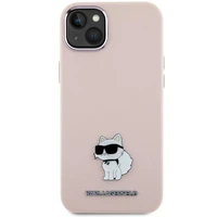 Karl Lagerfeld silikoninis Choupette Metal Pin dėklas telefonui iPhone 15 Plus / 14 Plus - rožinis