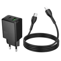 Įkroviklis telefonui Hoco USB A + USB C QC3.0 PD AFC 3A 30W + kabelis USB C į USB C N71 juodas