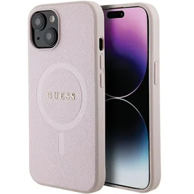 Guess Saffiano Magnetinis dėklas iPhone 15 Plus - rožinė