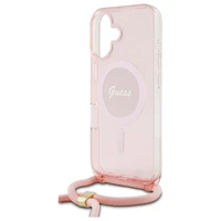 Guess Crossbody Cord Script MagSafe Dėklas telefonui Apple iPhone 16 - rožinis
