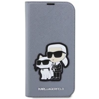 Karl Lagerfeld KLBKP14LSANKCPG iPhone 14 Pro 6.1" knygos tipo dėklas sidabrinis Saffiano Karl & Choupette