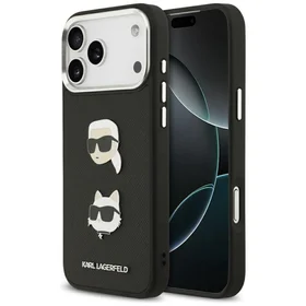 Karl Lagerfeld FW Grūdintas Karl & Choupette galvos ženkliukai ir logotipas iPhone 17 Pro Max dėklas - juodas