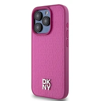 DKNY Odinis monogramos rašto metalinis logotipas Magnetinis dėklas iPhone 15 Pro - rožinė