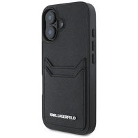Karl Lagerfeld HC Grūdinto PU dėklas su kortelių skyriumi ir metaliniu Elong iPhone 16 - juodas