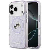 Karl Lagerfeld IML Blizgantis Karl & Choupette Heads Logo magnetinis dėklas telefonui iPhone 17 Pro - violetinis