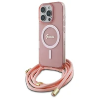 Guess Crossbody Cord Script Magnetinis dėklas iPhone 16 Pro - rožinis
