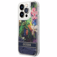 Guess GUHCP14LLFLSB iPhone 14 Pro 6.1 mėlynas / mėlynas kietasis dėklas Flower Liquid Glitter