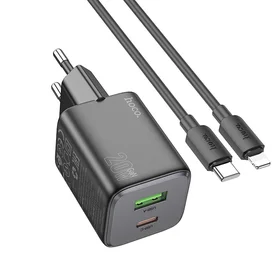 Įkroviklis Hoco USB A + USB C QC PD 3A 20W + kabelis USB C į Lightning N41 juodas