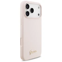Guess Silikoninis Raštas Metalinis Logo Magnetinė dėklas telefonui iPhone 17 Pro Max - Rožinė