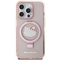 Hello Kitty žiedinis stovas blizgus Electrop Logo magnetinis dėklas telefonui iPhone 15 Pro - rožinis