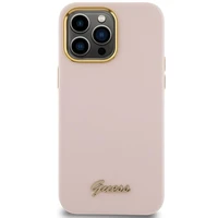 Guess Silicone Script Metal Logo & Frame dėklas telefonui iPhone 15 Pro - rožinis