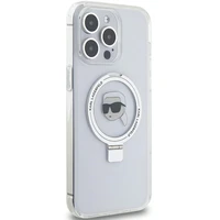Karl Lagerfeld KLHMP15LHMRSKHH iPhone 15 Pro 6.1" baltas/baltas kietas dėklas su žiediniu stovu Karl Head Magnetinis