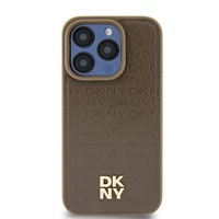 DKNY Odinis rašto metalinis logotipas Magnetinis dėklas telefonui iPhone 15 Pro Max - rudas
