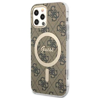 Rinkinys Guess GUBPP12MH4EACSW dėklas + įkroviklis iPhone 12/12 Pro rudas kietas dėklas su 4G raštu Magnetinis