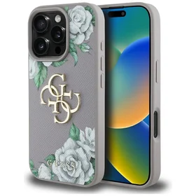 Guess Grained Roses Big 4G Logo dėklas telefonui iPhone 16 Pro Max - violetinis