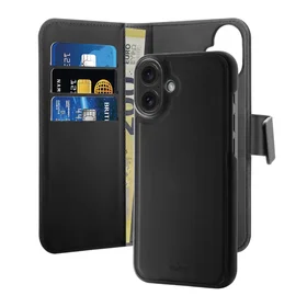 Puro Wallet nuimamas magnetinis 2in1 PU odos dėklas su atvartu ir pinigine iPhone 16 - juodas