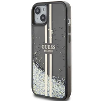 Guess Liquid Glitter Gold Stripes dėklas telefonui iPhone 15 Plus / 14 Plus - juodas