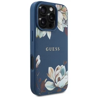 Guess grūdėto rašto gėlių motyvo MagSafe dėklas iPhone 16 Pro Max - mėlynas