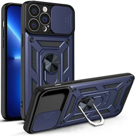 Hybrid Armor Camshield dėklas telefonui iPhone 13 Pro Max šarvuotas dėklas su kameros dangteliu mėlynas