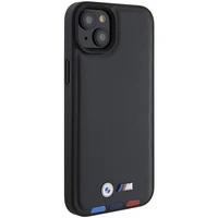 BMW BMHCP15M22PTDK dėklas telefonui iPhone 15 Plus 6.7" juodas/juodas odinis su trispalve emblema