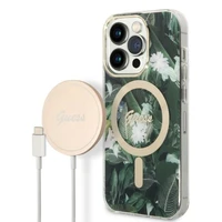 Rinkinys Guess GUBPP14LHJEACSA dėklas + įkroviklis iPhone 14 Pro 6.1" žalias/žalias kietas dėklas Jungle Magnetinis